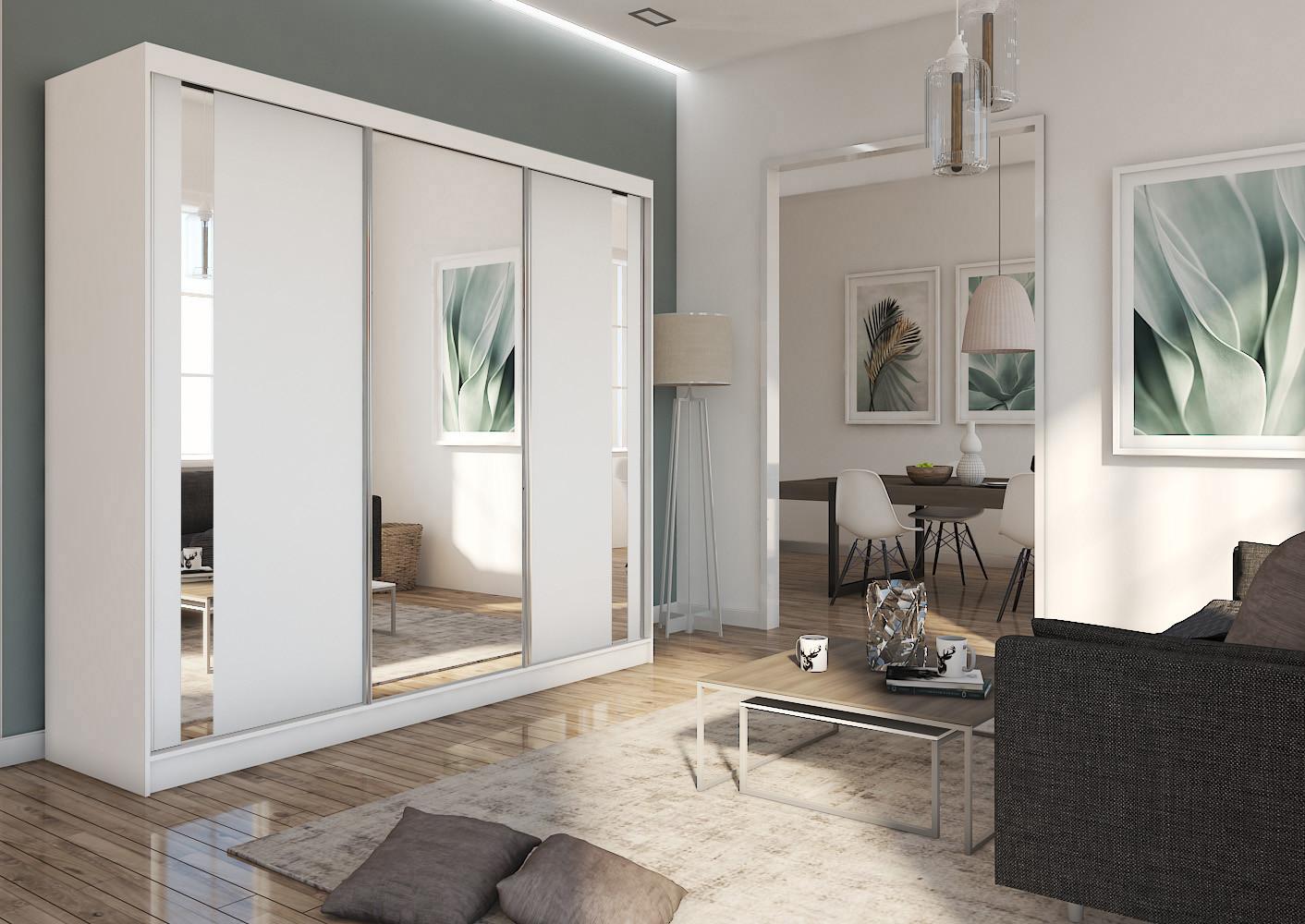 wohnli-moebel-suche-800000909372-1 SCHWEBETÜRENSCHRANK GRAZIA 240/216/61 cm 3-türig mit Spiegel Weiß Holzwerkstoff MASSENO Möbel > Schränke > Kleiderschränke > Schwebetürenschränke Weiß