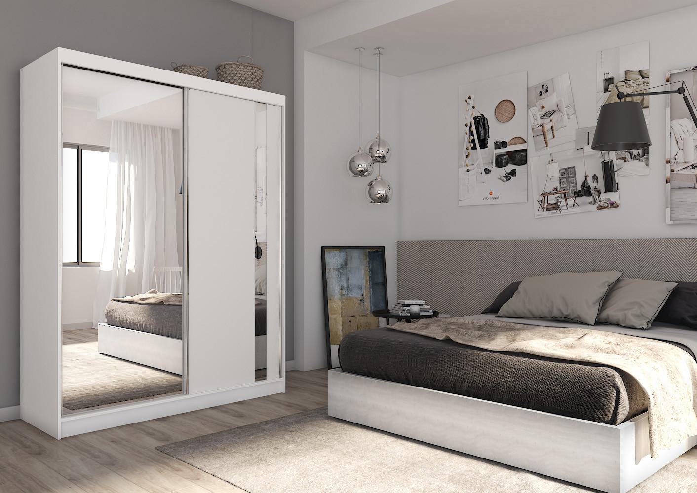 wohnli-moebel-suche-800000909386-1 SCHWEBETÜRENSCHRANK GRAZIA 160/216/61 cm 2-türig mit Spiegel Weiß Holzwerkstoff MASSENO Möbel > Schränke > Kleiderschränke > Schwebetürenschränke Weiß