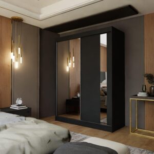 SCHWEBETÜRENSCHRANK GRAZIA 160/216/61 cm 2-türig mit Spiegel Schwarz Holzwerkstoff MASSENO Möbel > Schränke > Kleiderschränke > Schwebetürenschränke Schwarz