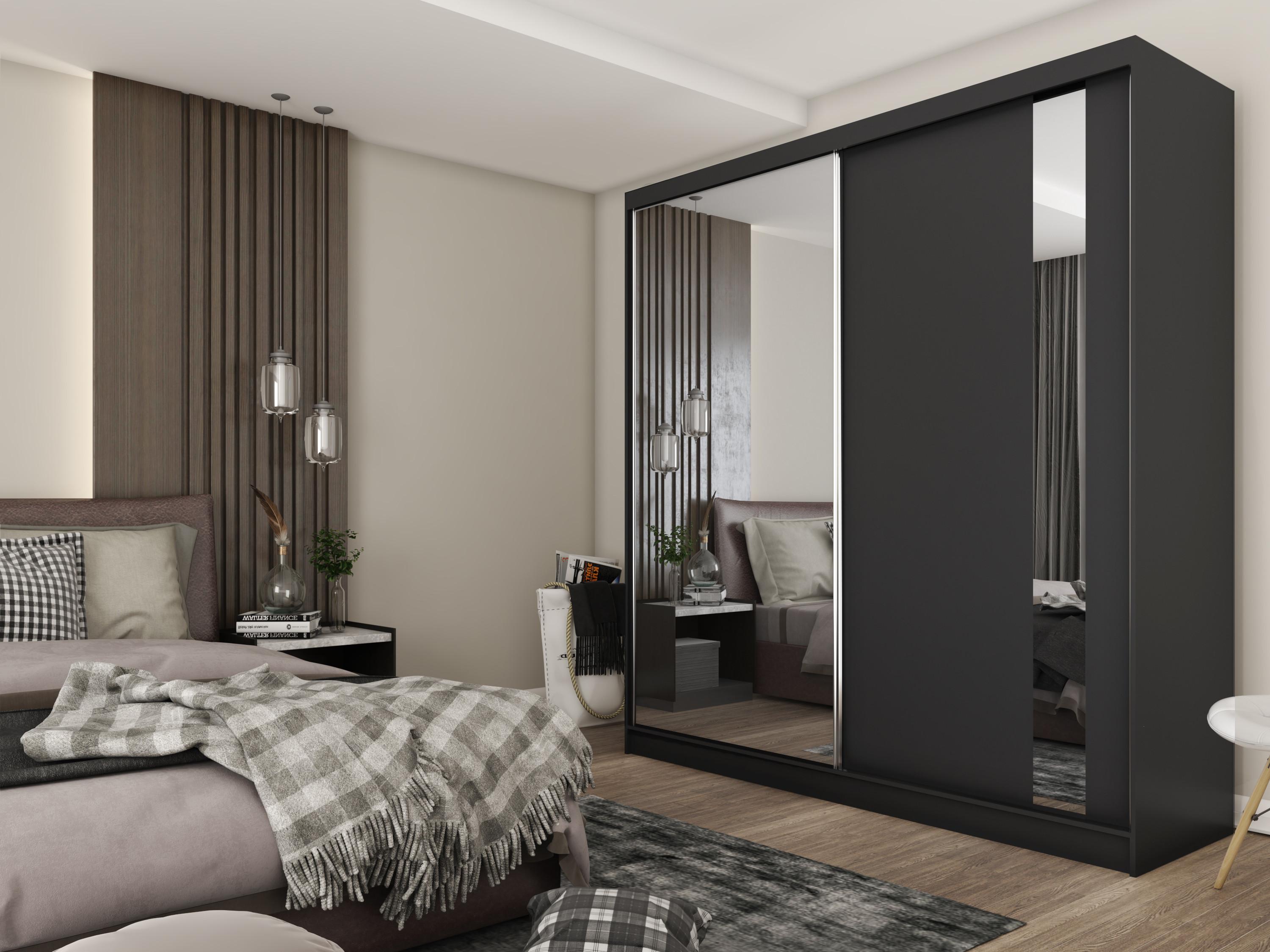 wohnli-moebel-suche-800000909391-1 SCHWEBETÜRENSCHRANK GRAZIA 200/216/61 cm 2-türig mit Spiegel Schwarz Holzwerkstoff MASSENO Möbel > Schränke > Kleiderschränke > Schwebetürenschränke Schwarz
