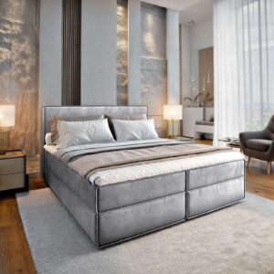 BOXBETT PELLIO 180x200 cm mit Matratze und Topper - Hellgrau Holz MASSENO Möbel > Betten > Boxspringbetten Grau