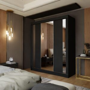 wohnli-moebel-suche-800000909409-1 SCHWEBETÜRENSCHRANK GRAZIA 180/216/61 cm 3-türig mit Spiegel Schwarz Holzwerkstoff MASSENO Möbel > Schränke > Kleiderschränke > Schwebetürenschränke Schwarz