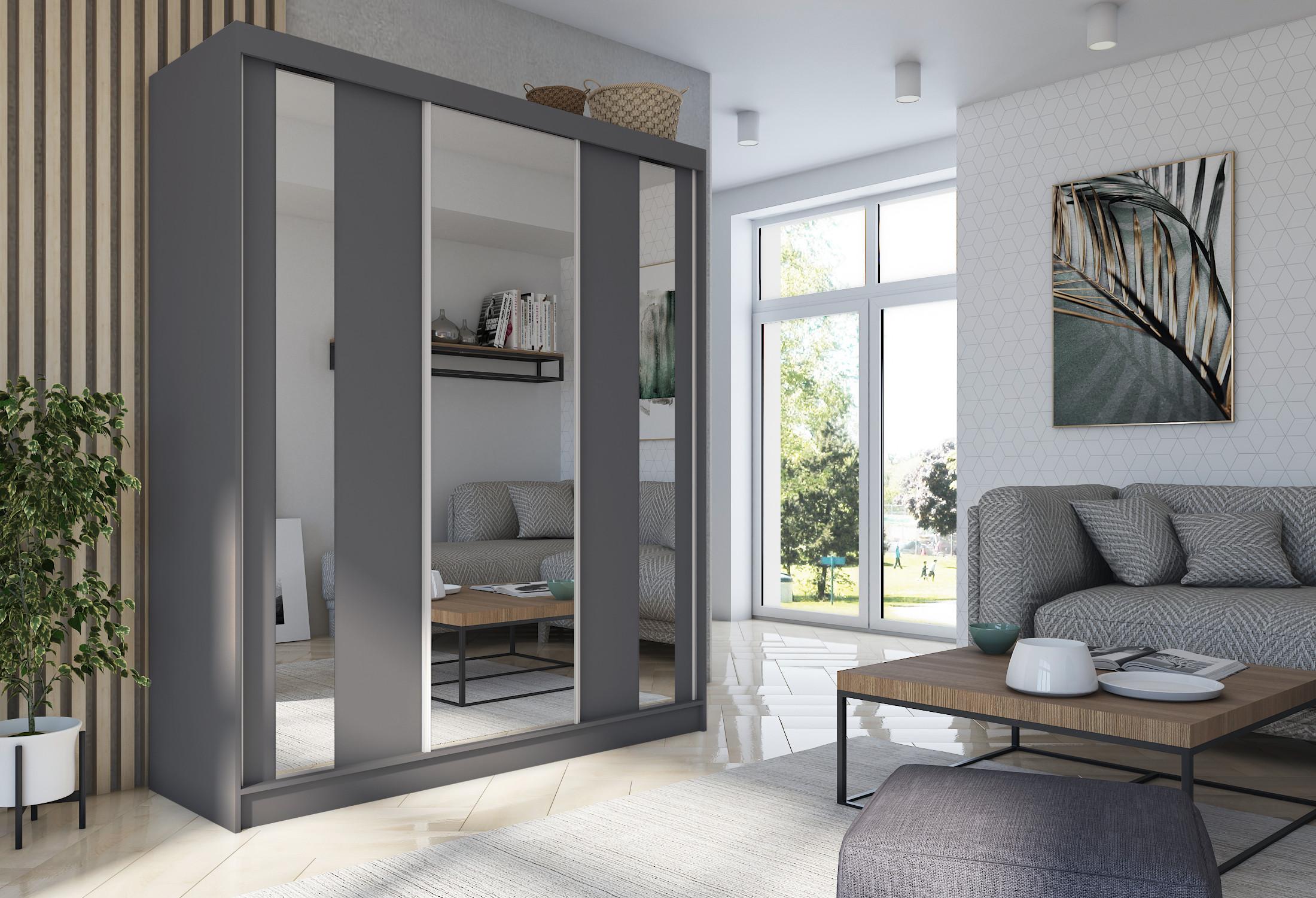 wohnli-moebel-suche-800000909414-1 SCHWEBETÜRENSCHRANK GRAZIA 180/216/61 cm 3-türig mit Spiegel Grau Holzwerkstoff MASSENO Möbel > Schränke > Kleiderschränke > Schwebetürenschränke Grau