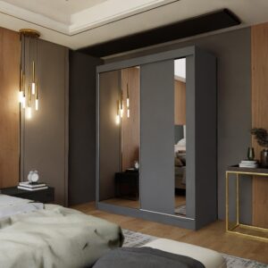 wohnli-moebel-suche-800000909416-1 SCHWEBETÜRENSCHRANK GRAZIA 150/216/61 cm 2-türig mit Spiegel Grau Holzwerkstoff MASSENO Möbel > Schränke > Kleiderschränke > Schwebetürenschränke Grau