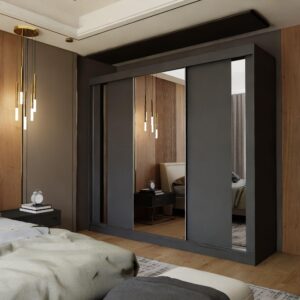 wohnli-moebel-suche-800000909418-1 SCHWEBETÜRENSCHRANK GRAZIA 240/216/61 cm 3-türig mit Spiegel Grau Holzwerkstoff MASSENO Möbel > Schränke > Kleiderschränke > Schwebetürenschränke Grau