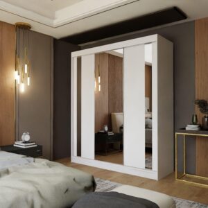 wohnli-moebel-suche-800000909422-1 SCHWEBETÜRENSCHRANK GRAZIA 180/216/61 cm 3-türig mit Spiegel Weiß Holzwerkstoff MASSENO Möbel > Schränke > Kleiderschränke > Schwebetürenschränke Weiß