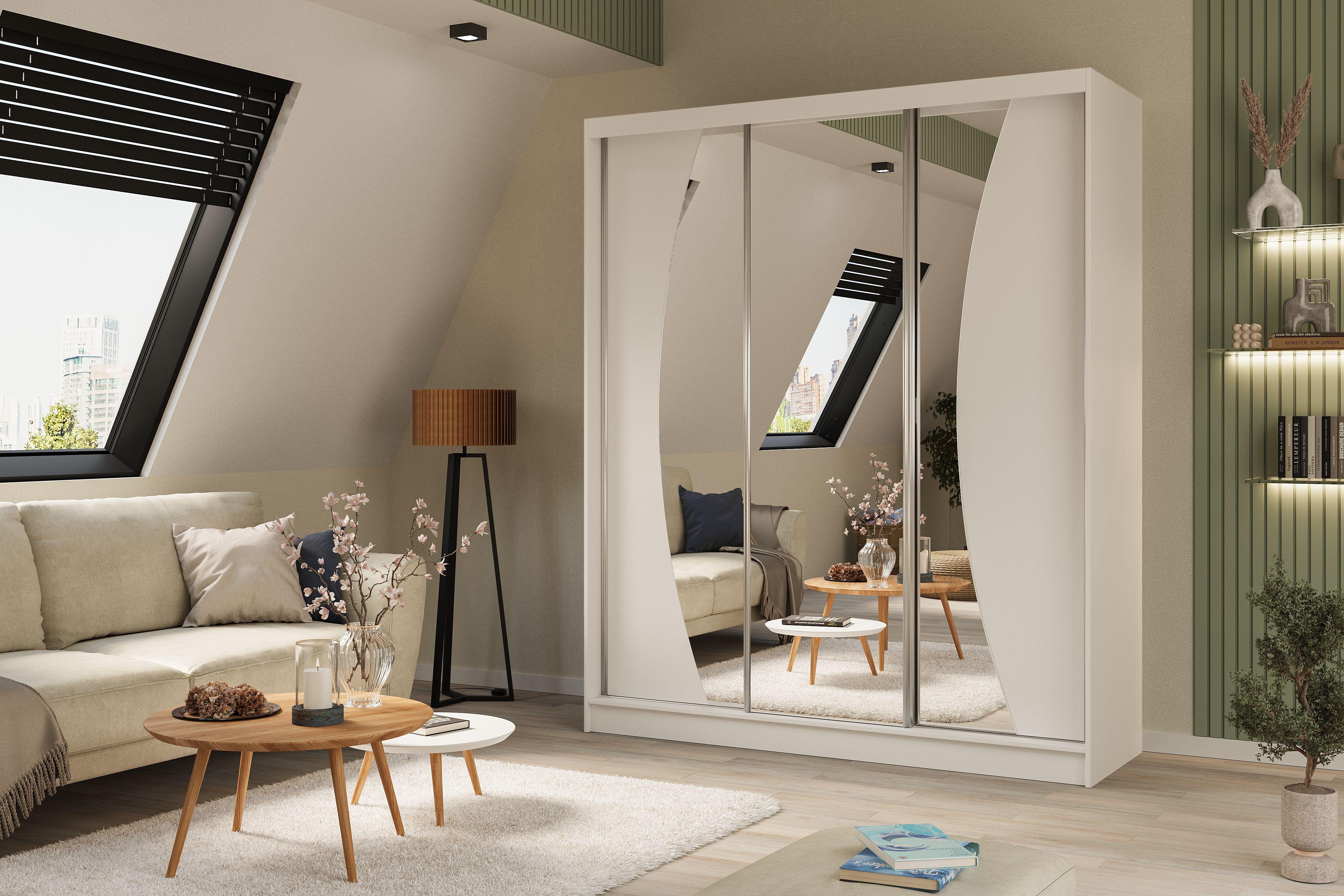 wohnli-moebel-suche-800000909444-1 SCHWEBETÜRENSCHRANK VOCE 180/216/61 cm 3-türig mit Spiegel Weiß Holzwerkstoff MASSENO Möbel > Schränke > Kleiderschränke > Schwebetürenschränke Weiß