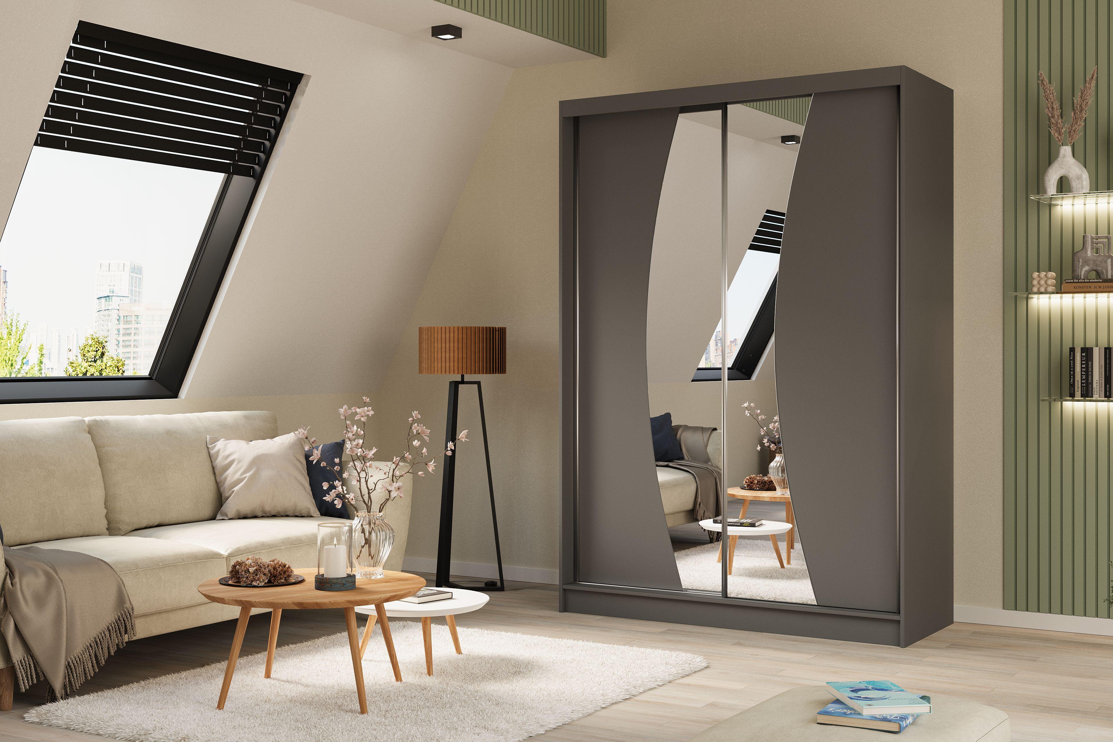 wohnli-moebel-suche-800000909456-1 SCHWEBETÜRENSCHRANK VOCE 150/216/61 cm 2-türig mit Spiegel Grau Holzwerkstoff MASSENO Möbel > Schränke > Kleiderschränke > Schwebetürenschränke Grau