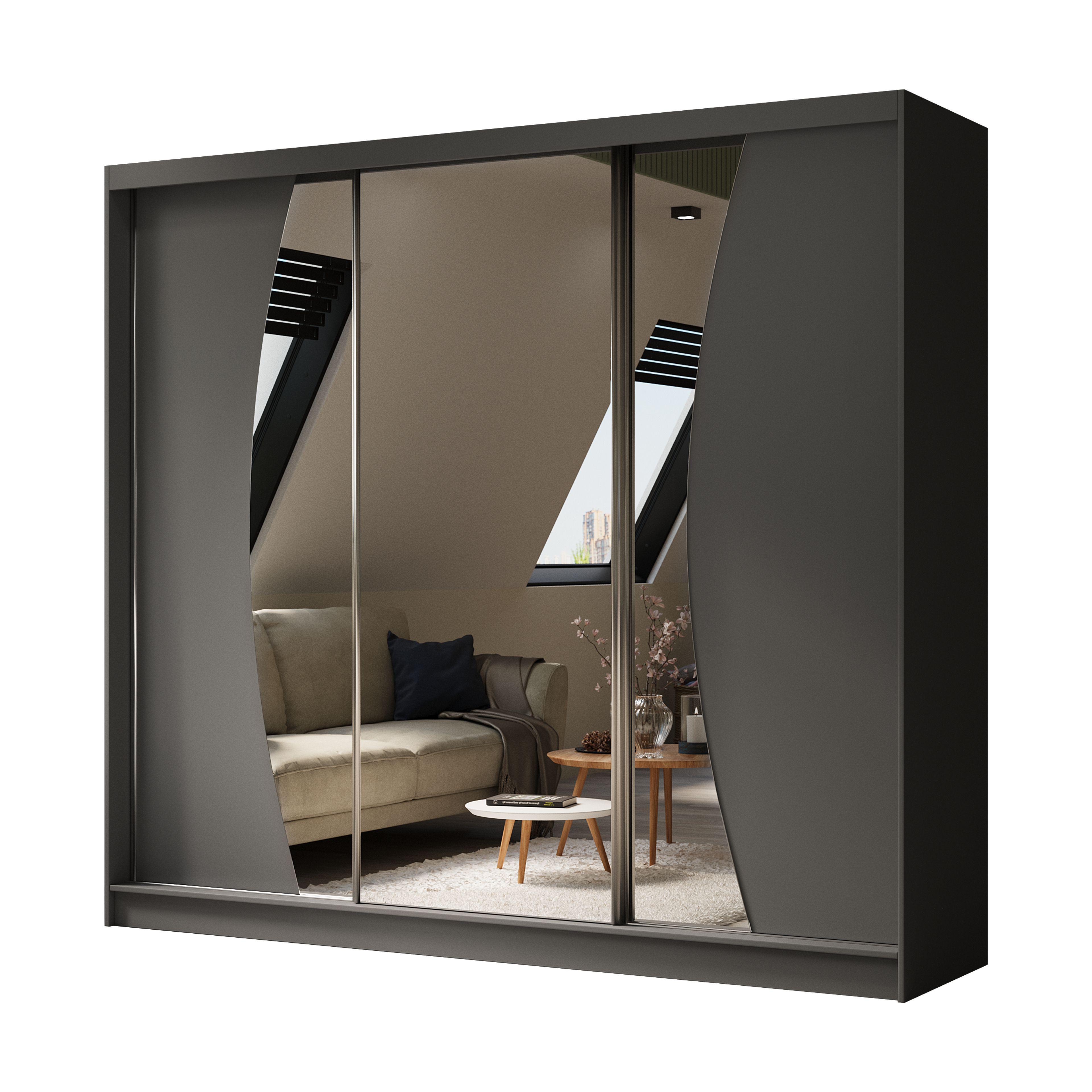 Wohnli Möbelsuche - SCHWEBETÜRENSCHRANK VOCE 240/216/61 cm 3-türig mit Spiegel Grau