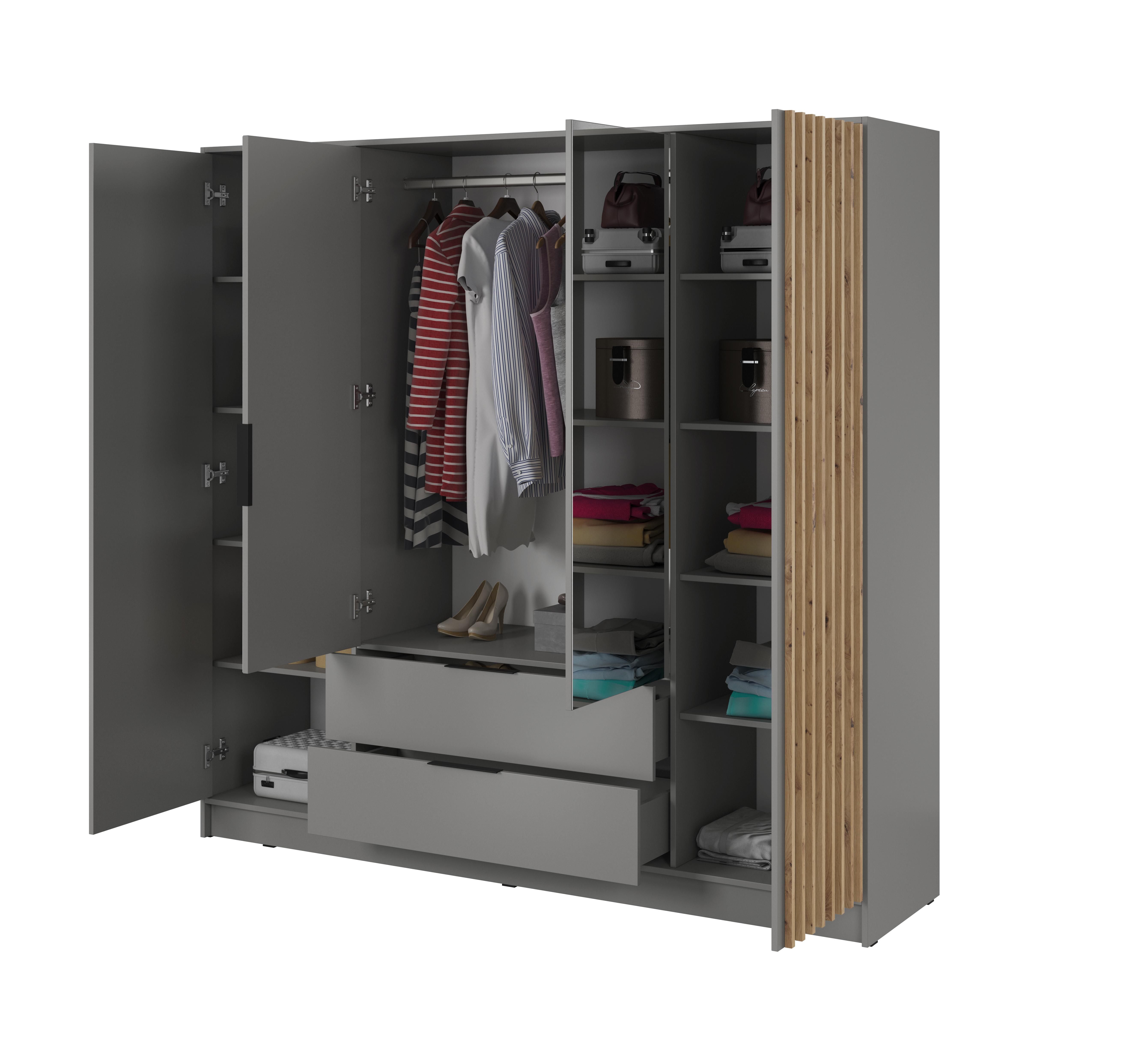 wohnli-moebel-suche-800000909468-1 DREHTÜRENSCHRANK NELIANA 206/200/51 cm 4-türig mit Spiegel Grau Holzwerkstoff MASSENO Möbel > Schränke > Kleiderschränke > Drehtürenschränke Grau