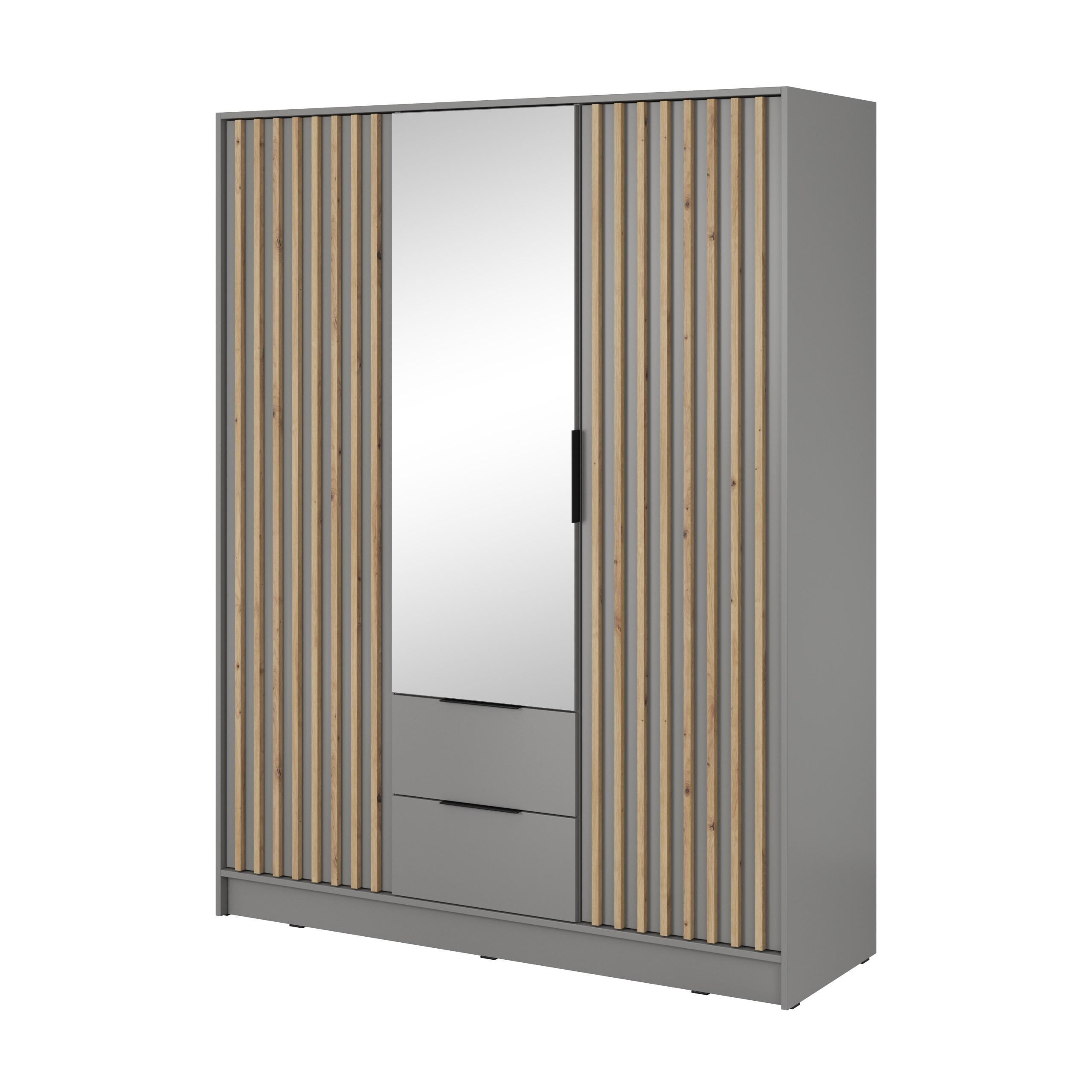 wohnli-moebel-suche-800000909472 Wohnli Möbelsuche - DREHTÜRENSCHRANK NELIANA 155/200/51 cm 3-türig mit Spiegel Grau