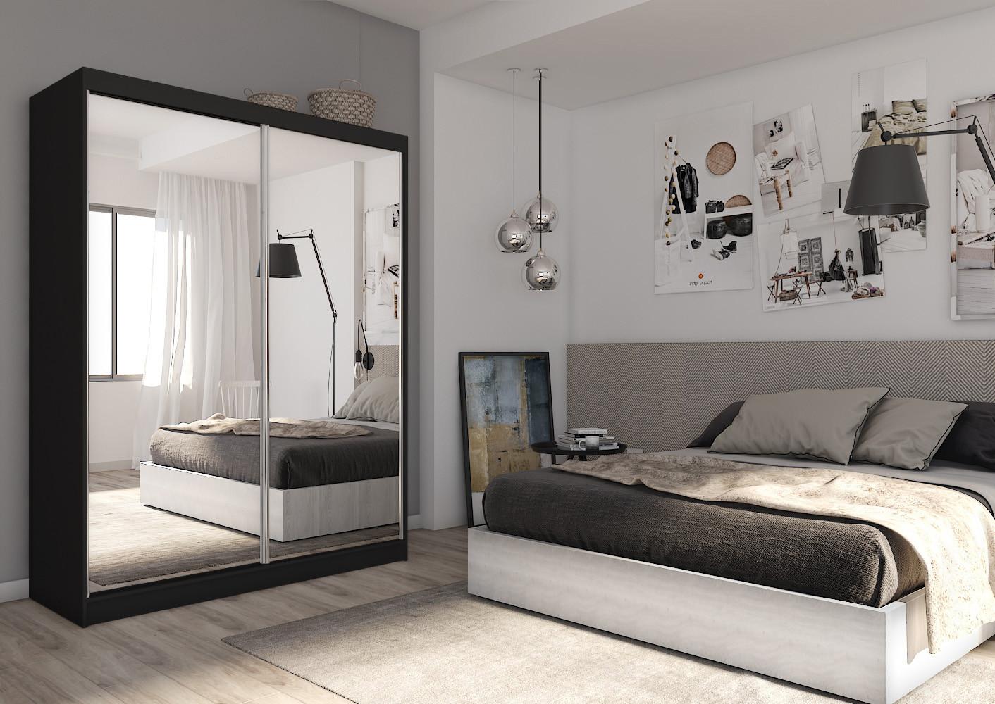 wohnli-moebel-suche-800000909480-1 SCHWEBETÜRENSCHRANK BELLINA 160/216/61 cm 2-türig mit Spiegel Schwarz Holzwerkstoff MASSENO Möbel > Schränke > Kleiderschränke > Schwebetürenschränke Schwarz