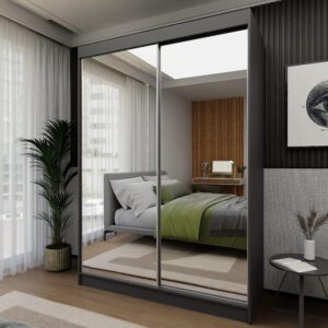 wohnli-moebel-suche-800000909487-1 SCHWEBETÜRENSCHRANK BELLINA 160/216/61 cm 2-türig mit Spiegel Grau Holzwerkstoff MASSENO Möbel > Schränke > Kleiderschränke > Schwebetürenschränke Grau