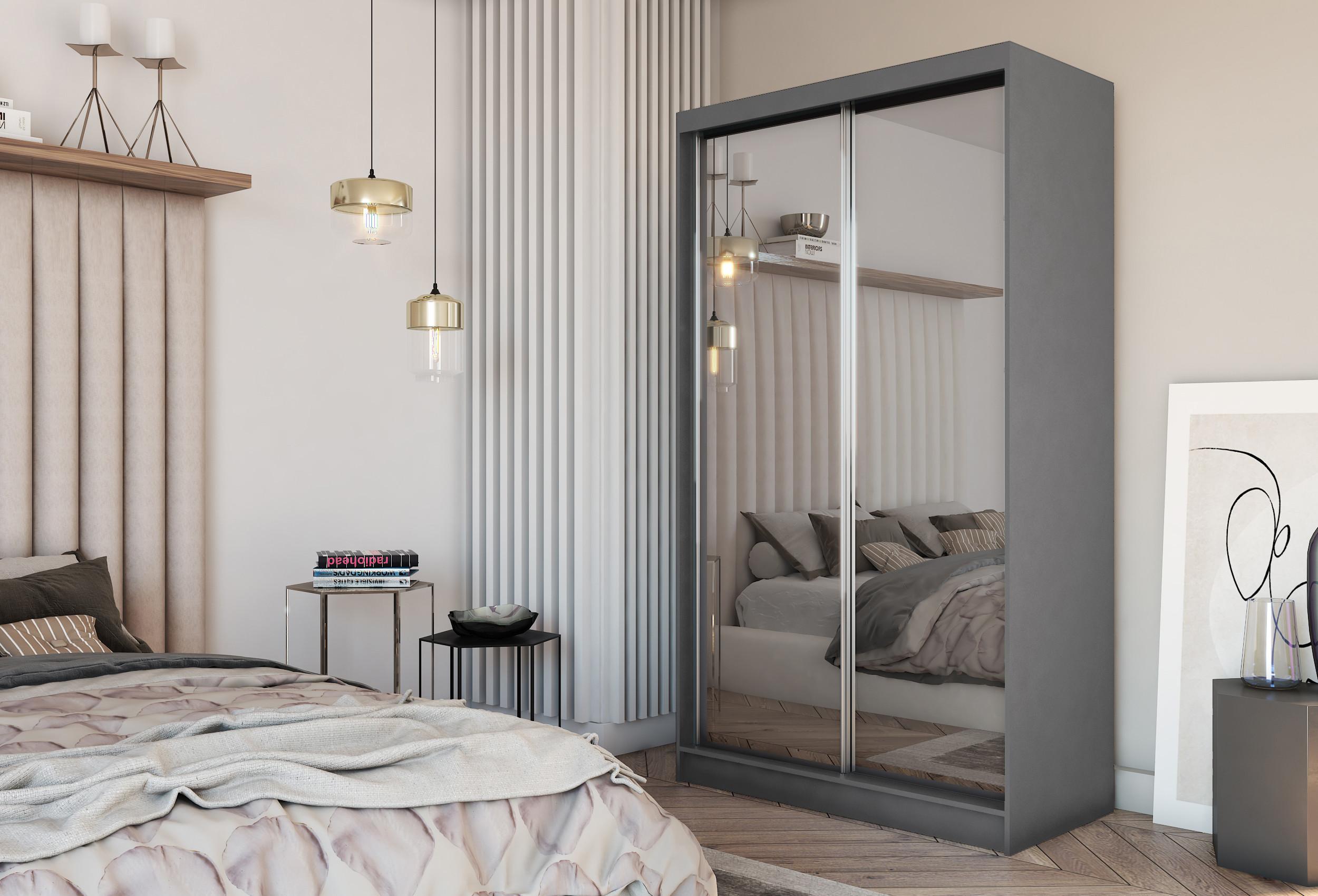 wohnli-moebel-suche-800000909496-1 SCHWEBETÜRENSCHRANK BELLINA 120/216/61 cm 2-türig mit Spiegel Grau Holzwerkstoff MASSENO Möbel > Schränke > Kleiderschränke > Schwebetürenschränke Grau