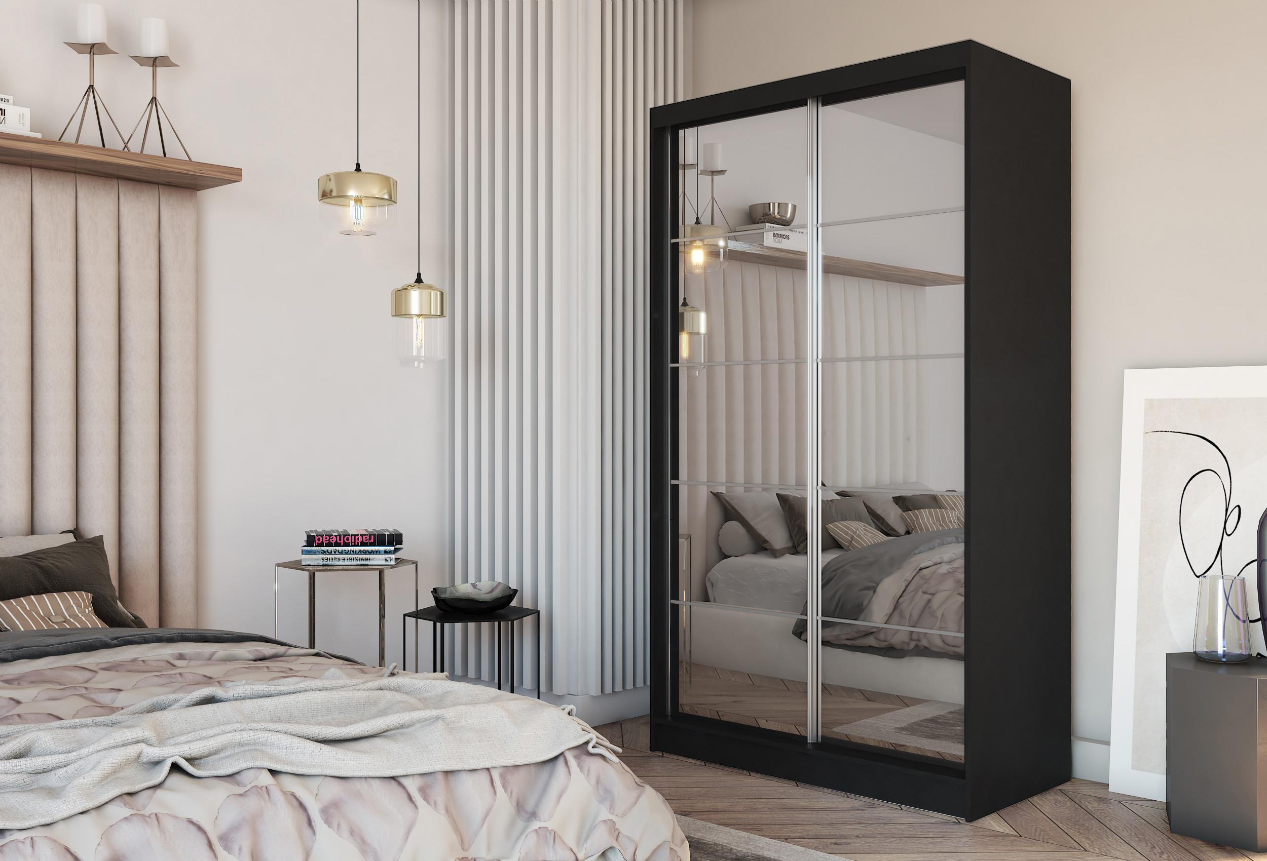 wohnli-moebel-suche-800000909504-1 SCHWEBETÜRENSCHRANK FIORELLA 150/216/61 cm 2-türig mit Spiegel Schwarz Holzwerkstoff MASSENO Möbel > Schränke > Kleiderschränke > Schwebetürenschränke Schwarz
