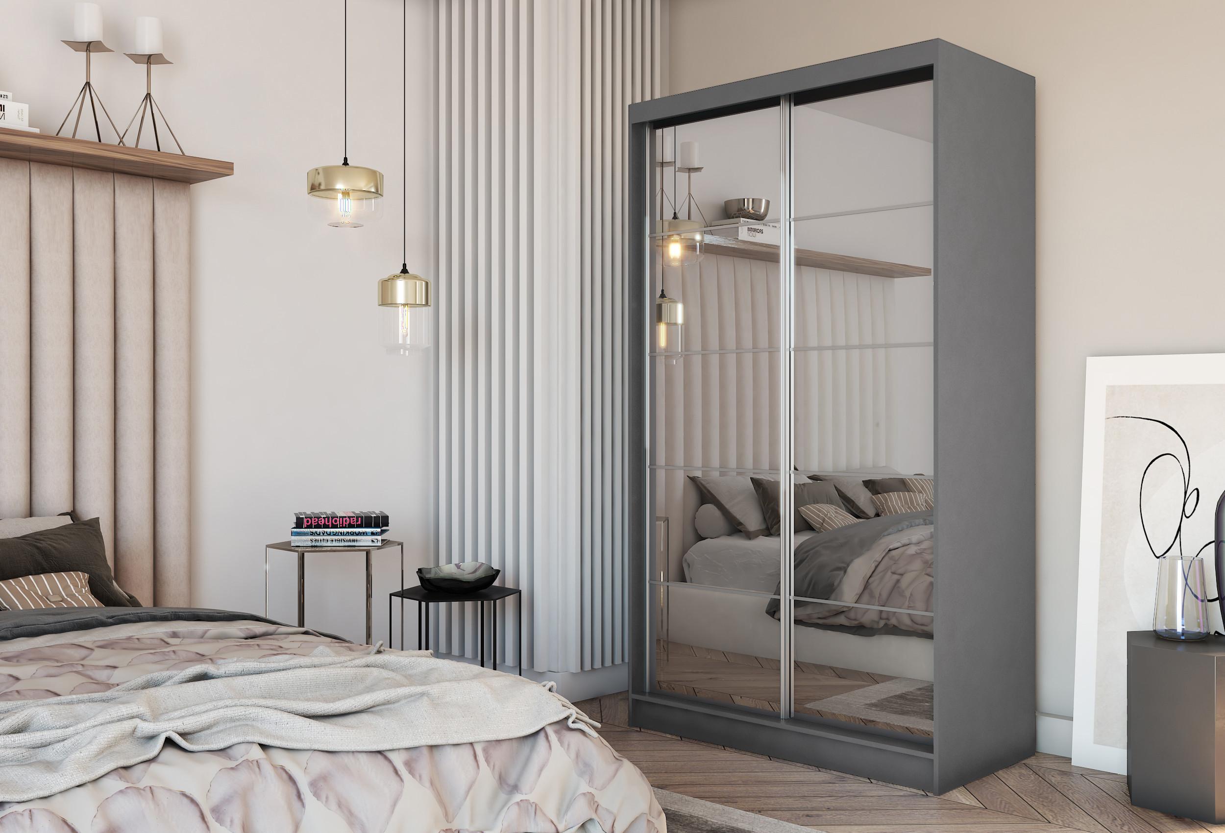 wohnli-moebel-suche-800000909515-1 SCHWEBETÜRENSCHRANK FIORELLA 120/216/61 cm 2-türig mit Spiegel Grau Holzwerkstoff MASSENO Möbel > Schränke > Kleiderschränke > Schwebetürenschränke Grau