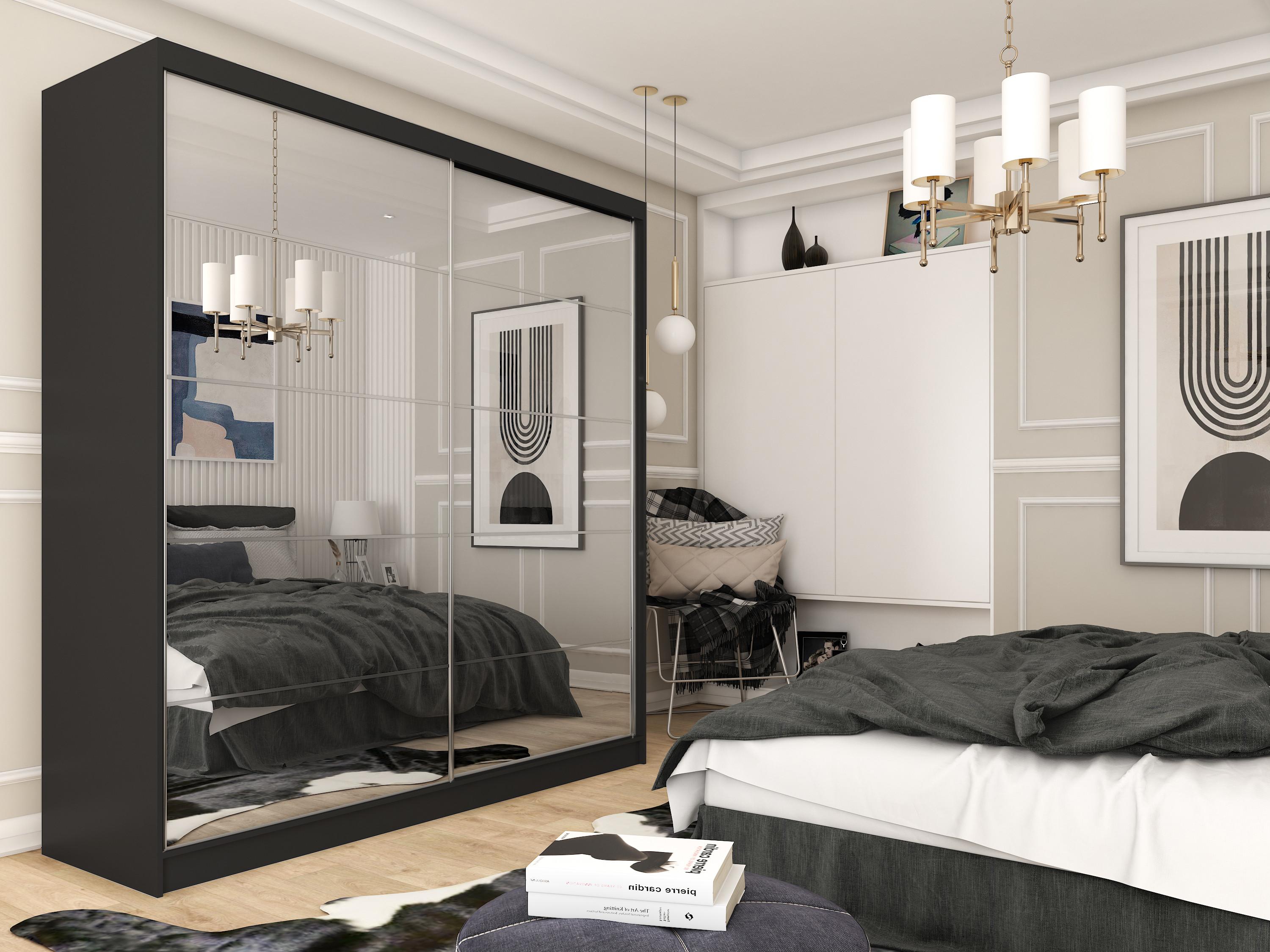 wohnli-moebel-suche-800000909531-1 SCHWEBETÜRENSCHRANK FIORELLA 200/216/61 cm 2-türig mit Spiegel Schwarz Holzwerkstoff MASSENO Möbel > Schränke > Kleiderschränke > Schwebetürenschränke Schwarz