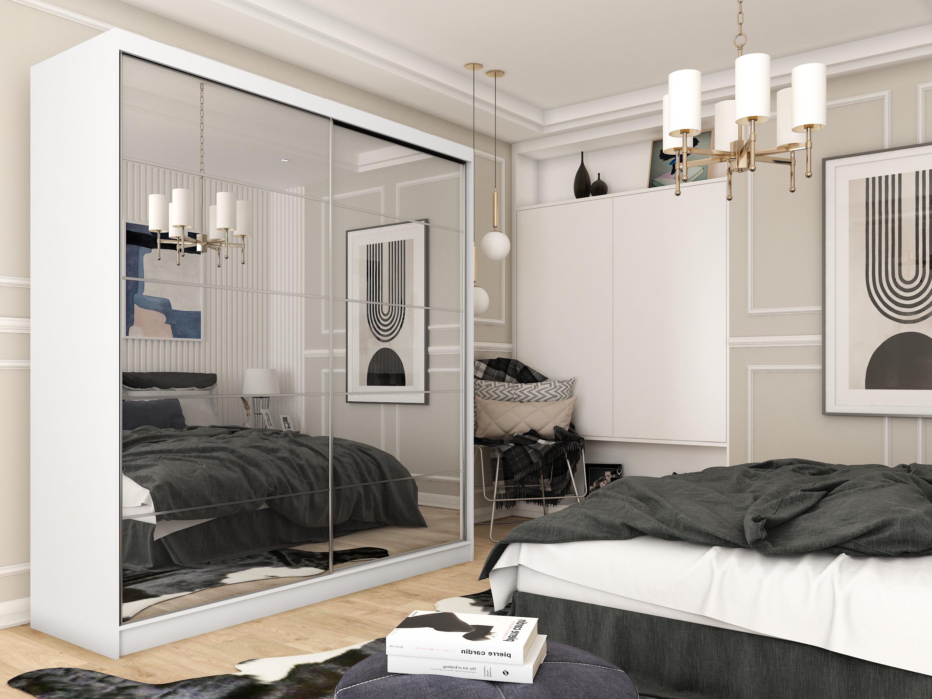 wohnli-moebel-suche-800000909541-1 SCHWEBETÜRENSCHRANK FIORELLA 200/216/61 cm 2-türig mit Spiegel Weiß Holzwerkstoff MASSENO Möbel > Schränke > Kleiderschränke > Schwebetürenschränke Weiß