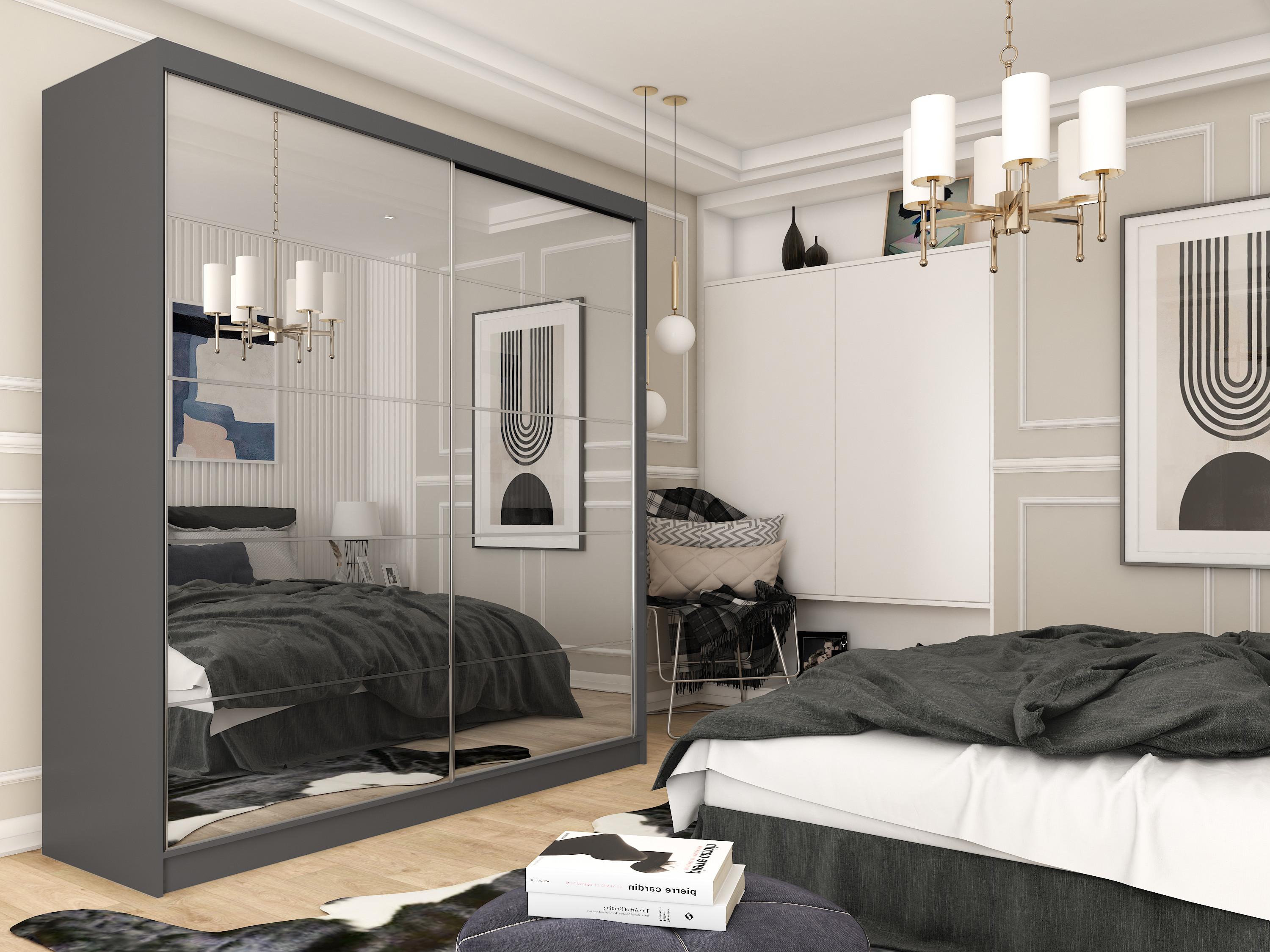wohnli-moebel-suche-800000909550-1 SCHWEBETÜRENSCHRANK FIORELLA 200/216/61 cm 2-türig mit Spiegel Grau Holzwerkstoff MASSENO Möbel > Schränke > Kleiderschränke > Schwebetürenschränke Grau
