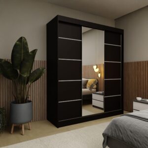 wohnli-moebel-suche-800000909584-1 SCHWEBETÜRENSCHRANK MIRELLA 180/216/61 cm 3-türig mit Spiegel Schwarz Holzwerkstoff MASSENO Möbel > Schränke > Kleiderschränke > Schwebetürenschränke Schwarz