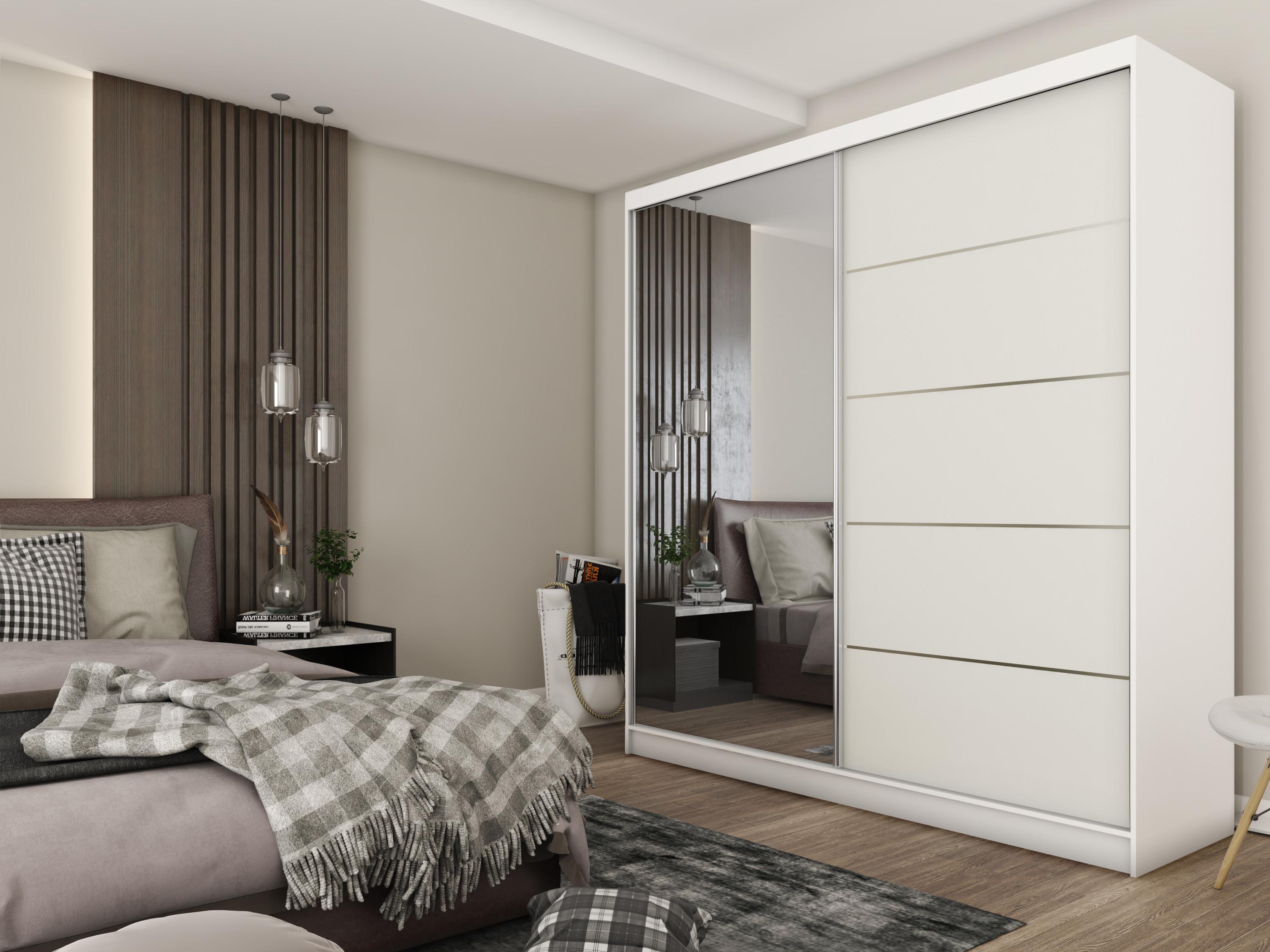 wohnli-moebel-suche-800000909634-1 SCHWEBETÜRENSCHRANK MIRELLA 200/216/61 cm 2-türig mit Spiegel Weiß Holzwerkstoff MASSENO Möbel > Schränke > Kleiderschränke > Schwebetürenschränke Weiß