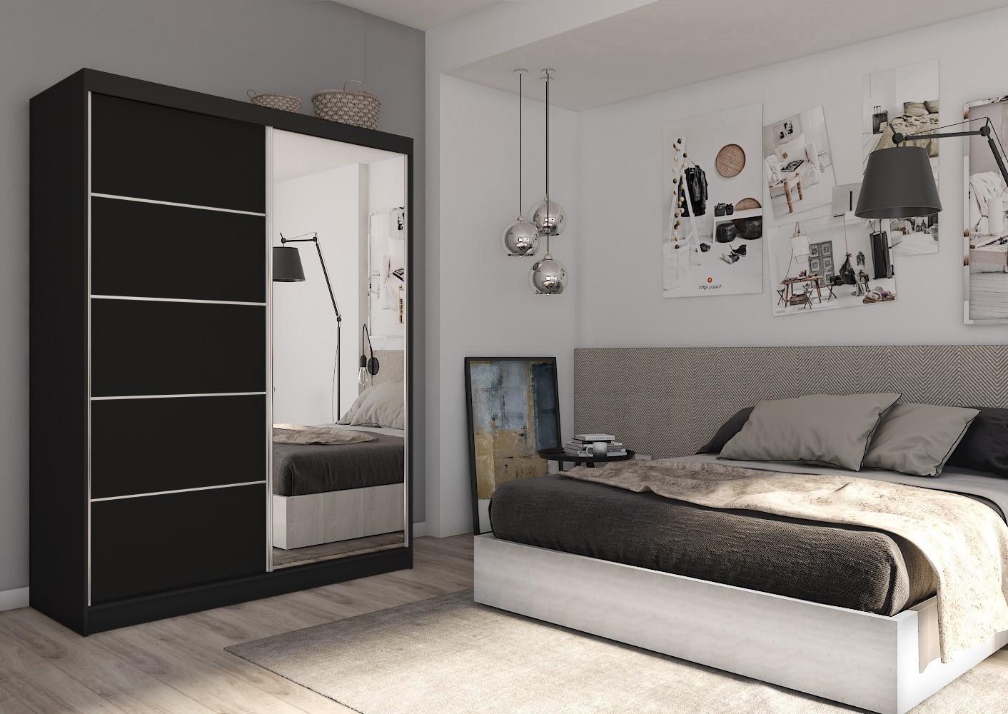 wohnli-moebel-suche-800000909648-1 SCHWEBETÜRENSCHRANK MIRELLA 160/216/61 cm 2-türig mit Spiegel Schwarz Holzwerkstoff MASSENO Möbel > Schränke > Kleiderschränke > Schwebetürenschränke Schwarz