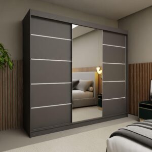 wohnli-moebel-suche-800000909661-1 SCHWEBETÜRENSCHRANK MIRELLA 240/216/61 cm 3-türig mit Spiegel Grau Holzwerkstoff MASSENO Möbel > Schränke > Kleiderschränke > Schwebetürenschränke Grau