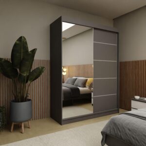 wohnli-moebel-suche-800000909669-1 SCHWEBETÜRENSCHRANK MIRELLA 160/216/61 cm 2-türig mit Spiegel Grau Holzwerkstoff MASSENO Möbel > Schränke > Kleiderschränke > Schwebetürenschränke Grau