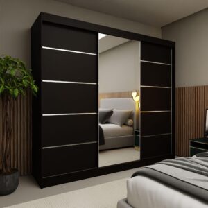 wohnli-moebel-suche-800000909671-1 SCHWEBETÜRENSCHRANK MIRELLA 240/216/61 cm 3-türig mit Spiegel Schwarz Holzwerkstoff MASSENO Möbel > Schränke > Kleiderschränke > Schwebetürenschränke Schwarz