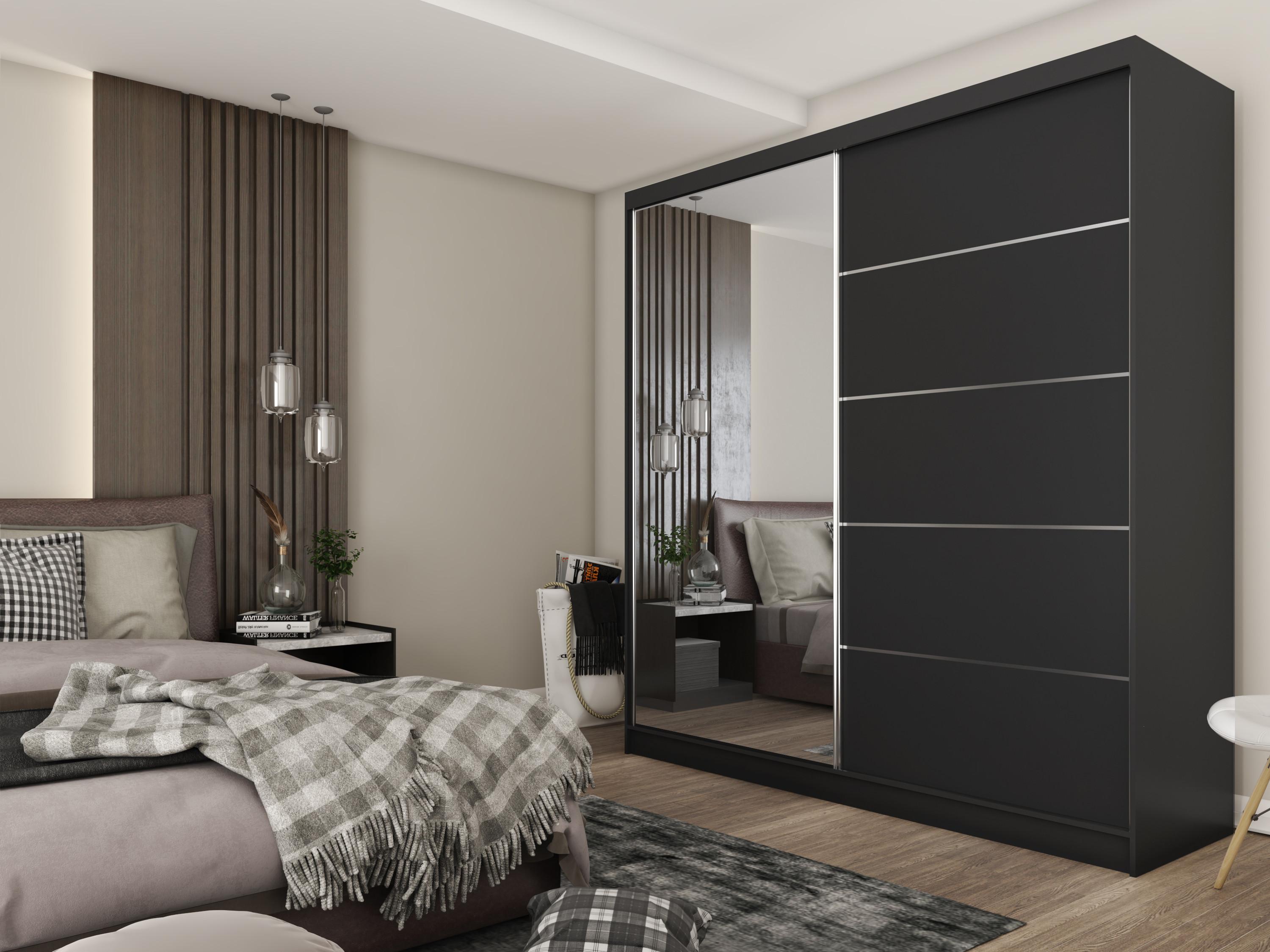 wohnli-moebel-suche-800000909682-1 SCHWEBETÜRENSCHRANK MIRELLA 200/216/61 cm 2-türig mit Spiegel Schwarz Holzwerkstoff MASSENO Möbel > Schränke > Kleiderschränke > Schwebetürenschränke Schwarz
