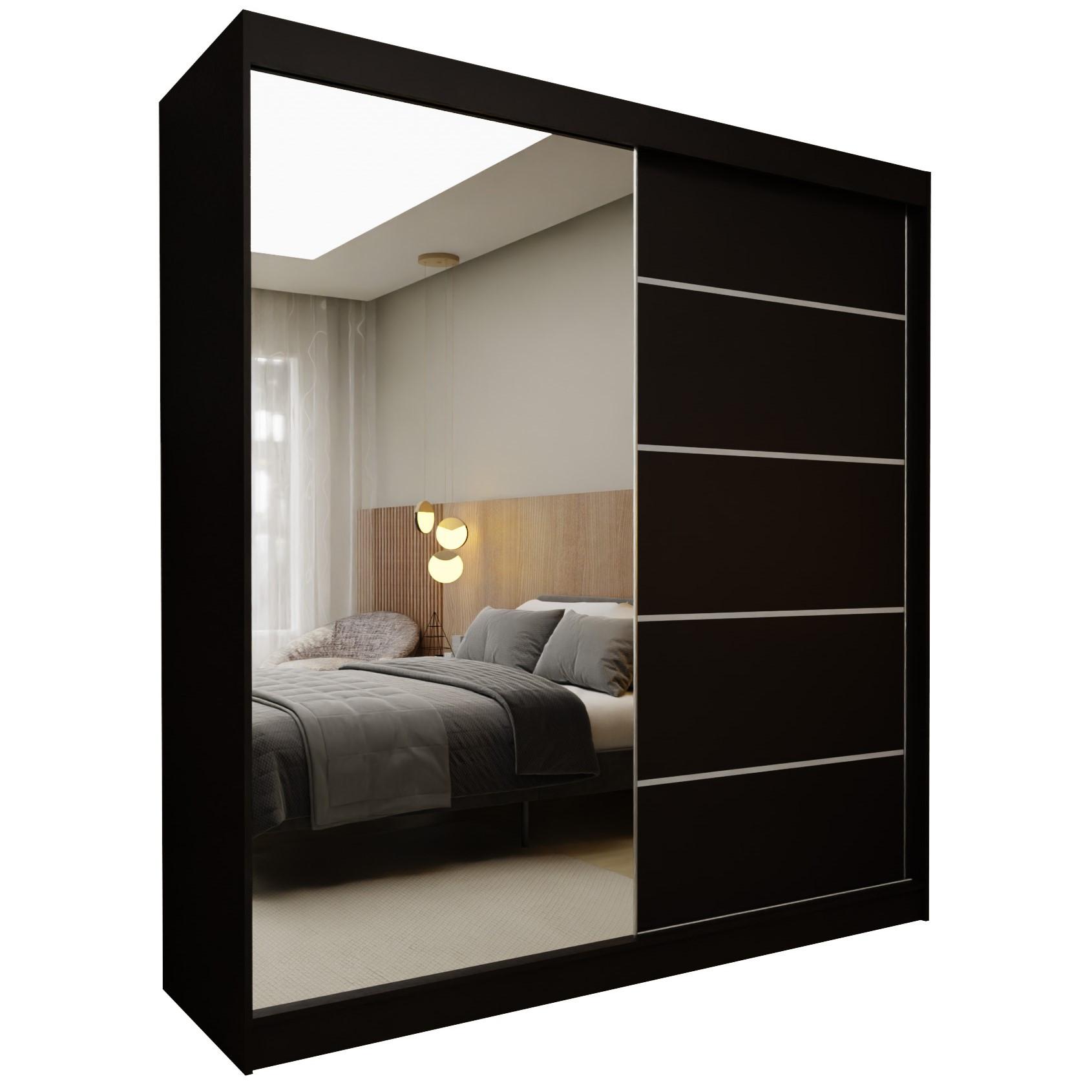 Wohnli Möbelsuche - SCHWEBETÜRENSCHRANK MIRELLA 200/216/61 cm 2-türig mit Spiegel Schwarz