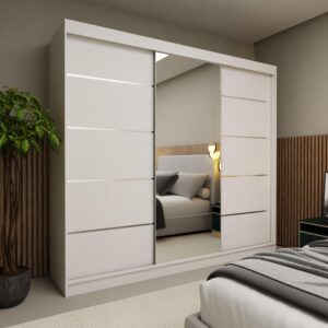 wohnli-moebel-suche-800000909683-1 SCHWEBETÜRENSCHRANK MIRELLA 240/216/61 cm 3-türig mit Spiegel Weiß Holzwerkstoff MASSENO Möbel > Schränke > Kleiderschränke > Schwebetürenschränke Weiß