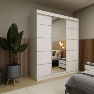 wohnli-moebel-suche-800000909685-1 SCHWEBETÜRENSCHRANK MIRELLA 180/216/61 cm 3-türig mit Spiegel Weiß Holzwerkstoff MASSENO Möbel > Schränke > Kleiderschränke > Schwebetürenschränke Weiß