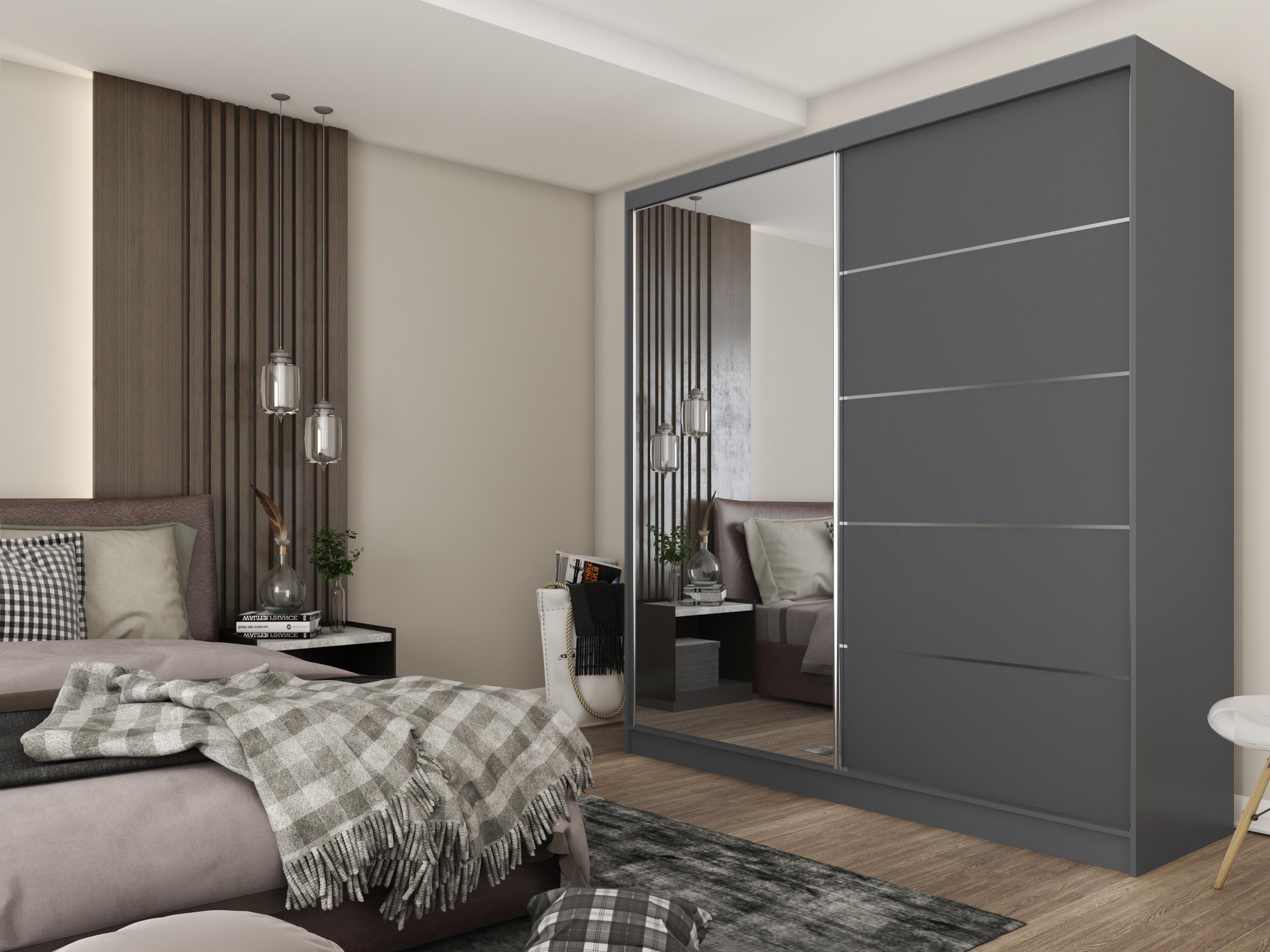 wohnli-moebel-suche-800000909689-1 SCHWEBETÜRENSCHRANK MIRELLA 200/216/61 cm 2-türig mit Spiegel Grau Holzwerkstoff MASSENO Möbel > Schränke > Kleiderschränke > Schwebetürenschränke Grau
