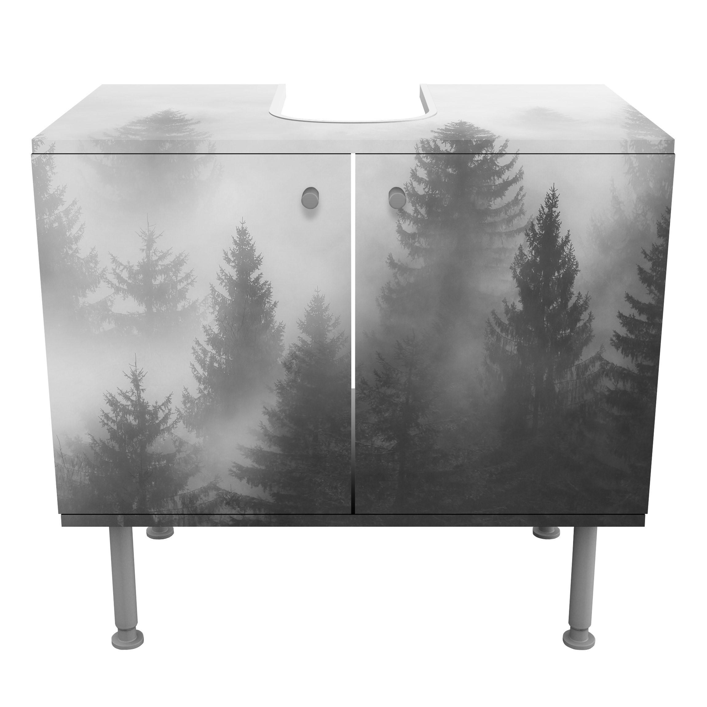 wohnli-moebel-suche-800000912673 Wohnli Möbelsuche - WASCHBECKENUNTERSCHRANK Nadelwald im Nebel Schwarz Weiß 60/55/35 cm