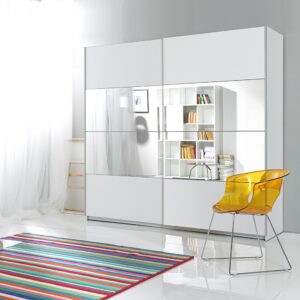 wohnli-moebel-suche-800000913861-1 SCHWEBETÜRENSCHRANK BETTINA 180/210/61 cm 2-türig mit Spiegel Weiß Holzwerkstoff MASSENO Möbel > Schränke > Kleiderschränke > Schwebetürenschränke Weiß