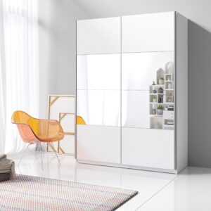 wohnli-moebel-suche-800000913913-1 SCHWEBETÜRENSCHRANK BETTINA 150/210/61 cm 2-türig mit Spiegel Weiß Holzwerkstoff MASSENO Möbel > Schränke > Kleiderschränke > Schwebetürenschränke Weiß