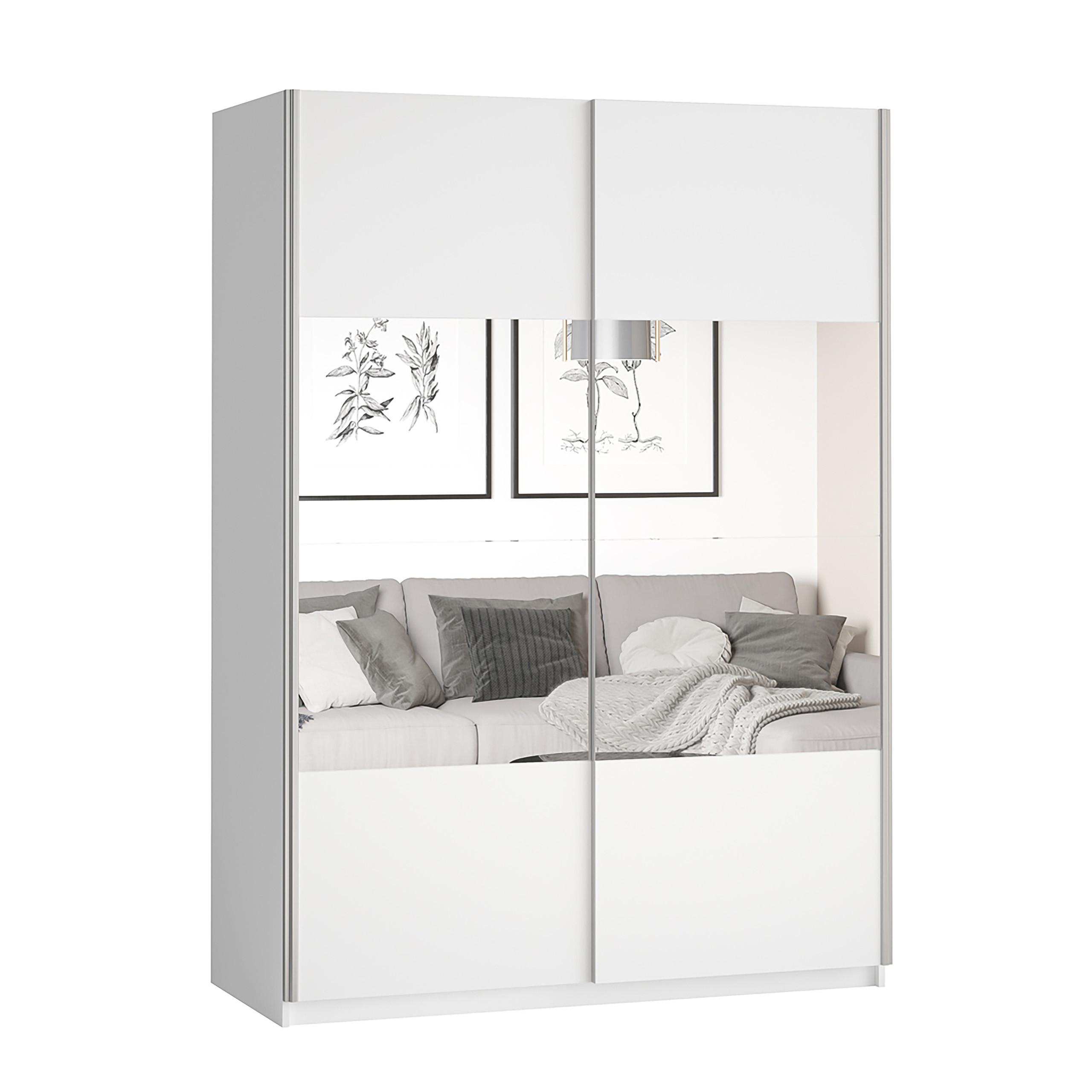 Wohnli Möbelsuche - SCHWEBETÜRENSCHRANK BETTINA 150/210/61 cm 2-türig mit Spiegel Weiß