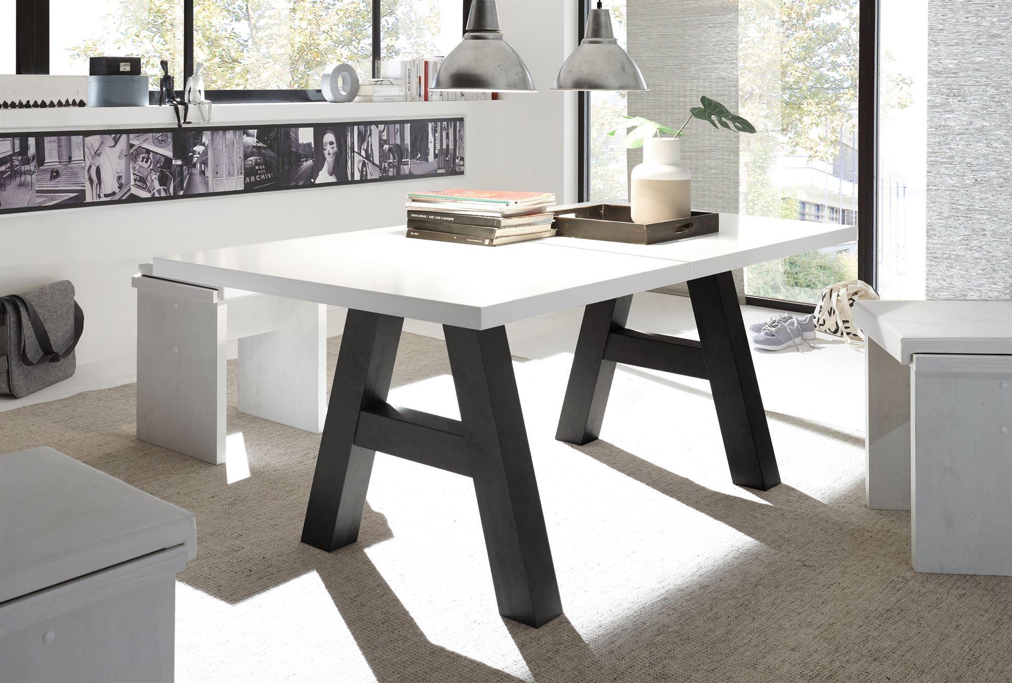 ESSTISCH ausziehbar Elia 7 140 x 90 x 75 Esszimmertisch Schwarzstahl/Weiß Matt Lack Holz 58aufmkessel Möbel > Tische > Esstische Weiß