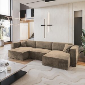 WOHNLANDSCHAFT SARMO M Beige Velours-Stoff mit Schlaffunktion Textil MASSENO Möbel > Sofas & Couches > Wohnlandschaften > Wohnlandschaften U-Form Beige
