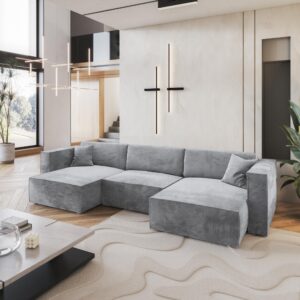 WOHNLANDSCHAFT SARMO M Hellgrau Velours-Stoff mit Schlaffunktion Textil MASSENO Möbel > Sofas & Couches > Wohnlandschaften > Wohnlandschaften U-Form Grau