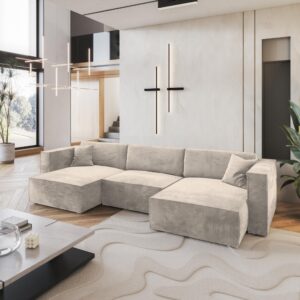 WOHNLANDSCHAFT SARMO M Creme Velours-Stoff mit Schlaffunktion Textil MASSENO Möbel > Sofas & Couches > Wohnlandschaften > Wohnlandschaften U-Form Weiß