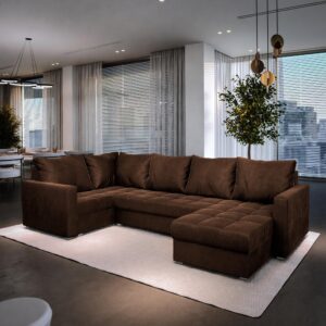 WOHNLANDSCHAFT LORIVO L-S Braun Plüsch-Stoff mit Schlaffunktion Textil MASSENO Möbel > Sofas & Couches > Wohnlandschaften > Wohnlandschaften U-Form Braun