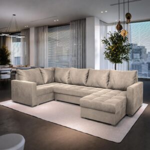 wohnli-moebel-suche-800000944869-1 WOHNLANDSCHAFT LORIVO L-S Beige Plüsch-Stoff mit Schlaffunktion Textil MASSENO Möbel > Sofas & Couches > Wohnlandschaften > Wohnlandschaften U-Form Beige