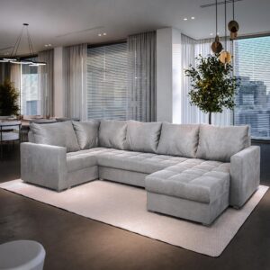 wohnli-moebel-suche-800000944911-1 WOHNLANDSCHAFT LORIVO L-S Hellgrau Plüsch-Stoff mit Schlaffunktion Textil MASSENO Möbel > Sofas & Couches > Wohnlandschaften > Wohnlandschaften U-Form Grau