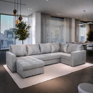 wohnli-moebel-suche-800000944929-1 WOHNLANDSCHAFT LORIVO R-S Hellgrau Plüsch-Stoff mit Schlaffunktion Textil MASSENO Möbel > Sofas & Couches > Wohnlandschaften > Wohnlandschaften U-Form Grau