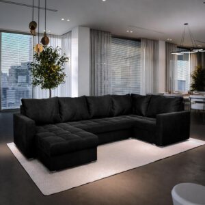 wohnli-moebel-suche-800000944944-1 WOHNLANDSCHAFT LORIVO R-S Schwarz Plüsch-Stoff mit Schlaffunktion Textil MASSENO Möbel > Sofas & Couches > Wohnlandschaften > Wohnlandschaften U-Form Schwarz