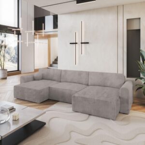 WOHNLANDSCHAFT FENTO P Beige Kordstoff mit Schlaffunktion Textil MASSENO Möbel > Sofas & Couches > Wohnlandschaften > Wohnlandschaften U-Form Beige