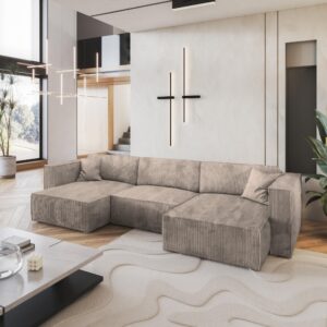 WOHNLANDSCHAFT SARMO P Beige Kordstoff mit Schlaffunktion Textil MASSENO Möbel > Sofas & Couches > Wohnlandschaften > Wohnlandschaften U-Form Beige