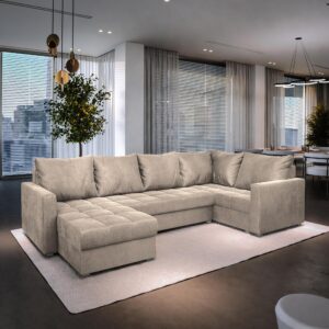 WOHNLANDSCHAFT LORIVO R-S Beige Plüsch-Stoff mit Schlaffunktion Textil MASSENO Möbel > Sofas & Couches > Wohnlandschaften > Wohnlandschaften U-Form Beige